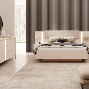 طقم غرفة نوم إلارا من الخشب الطبيعي لوح رأس مُبطن مع رفوف جانبية