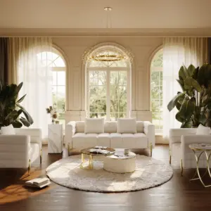 طقم لوميار كنبة بثلاثة مقاعد وكرسيان بأرجل من المعدن الذهبي