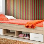 Vera single bed, natural wood, with two drawers and open storage shelves.