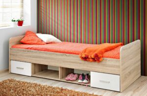 Vera single bed, natural wood, with two drawers and open storage shelves.