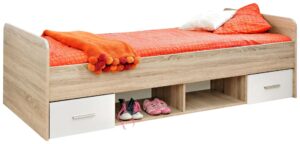 ⁦Vera single bed, natural wood, with two drawers and open storage shelves.⁩ - الصورة ⁦3⁩