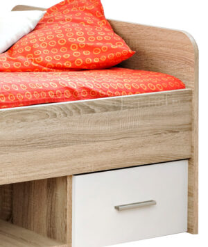 ⁦Vera single bed, natural wood, with two drawers and open storage shelves.⁩ - الصورة ⁦4⁩