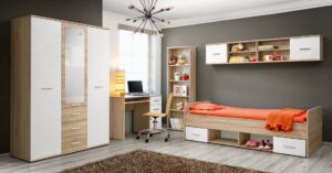 ⁦Vera single bed, natural wood, with two drawers and open storage shelves.⁩ - الصورة ⁦5⁩