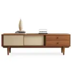 Caria natural wood TV table with rattan details and drawers