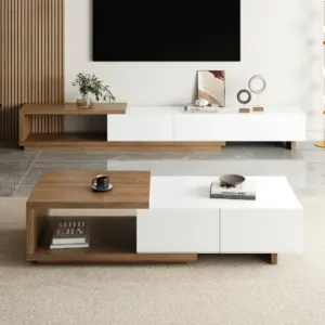 ⁦Marcel Extendable Natural Wood TV Stand and Coffee Table Set⁩ - الصورة ⁦3⁩