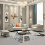 Marceline sofa and chair set with pouf in elegant natural wood touches