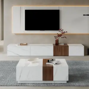 ⁦Marquina TV unit in natural wood and marble alternative with matching coffee table⁩ - الصورة ⁦3⁩