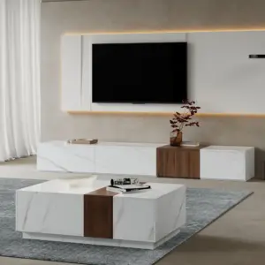 ⁦Marquina TV unit in natural wood and marble alternative with matching coffee table⁩ - الصورة ⁦4⁩