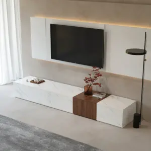 ⁦Marquina TV unit in natural wood and marble alternative with matching coffee table⁩ - الصورة ⁦6⁩