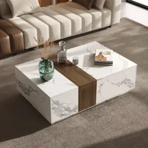 ⁦Marquina TV unit in natural wood and marble alternative with matching coffee table⁩ - الصورة ⁦7⁩