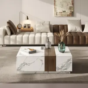 ⁦Marquina TV unit in natural wood and marble alternative with matching coffee table⁩ - الصورة ⁦8⁩