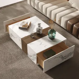 ⁦Marquina TV unit in natural wood and marble alternative with matching coffee table⁩ - الصورة ⁦9⁩