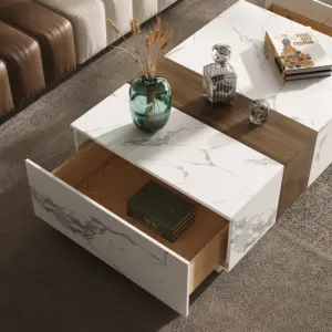 ⁦Marquina TV unit in natural wood and marble alternative with matching coffee table⁩ - الصورة ⁦10⁩
