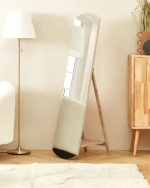 Floor mirror with a natural wood base