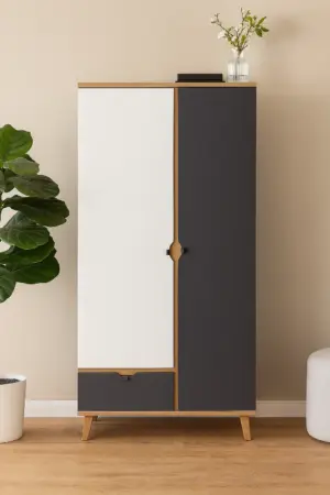 ⁦Milo youth wardrobe with two doors and a natural wood drawer⁩ - الصورة ⁦3⁩