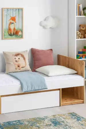 Nova single bed, natural wood, with storage unit and drawer underneath.