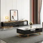 Nocturne TV unit and coffee table set made of natural wood, gold stainless steel, and a marble-like top.