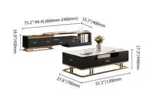 ⁦Nocturne TV unit and coffee table set made of natural wood, gold stainless steel, and a marble-like top.⁩ - الصورة ⁦11⁩