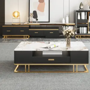 ⁦Nocturne TV unit and coffee table set made of natural wood, gold stainless steel, and a marble-like top.⁩ - الصورة ⁦3⁩