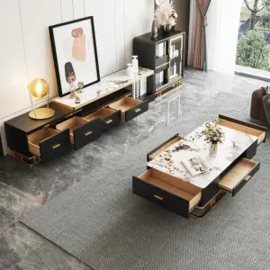 ⁦Nocturne TV unit and coffee table set made of natural wood, gold stainless steel, and a marble-like top.⁩ - الصورة ⁦4⁩