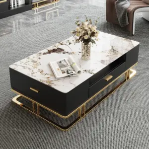 ⁦Nocturne TV unit and coffee table set made of natural wood, gold stainless steel, and a marble-like top.⁩ - الصورة ⁦5⁩