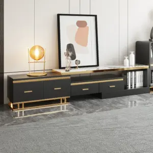 ⁦Nocturne TV unit and coffee table set made of natural wood, gold stainless steel, and a marble-like top.⁩ - الصورة ⁦6⁩