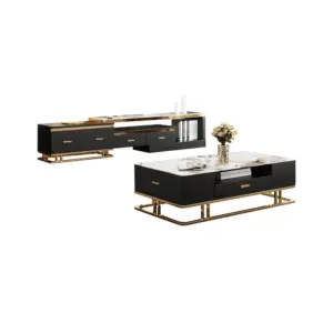 ⁦Nocturne TV unit and coffee table set made of natural wood, gold stainless steel, and a marble-like top.⁩ - الصورة ⁦8⁩