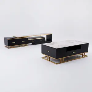⁦Nocturne TV unit and coffee table set made of natural wood, gold stainless steel, and a marble-like top.⁩ - الصورة ⁦9⁩