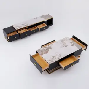 ⁦Nocturne TV unit and coffee table set made of natural wood, gold stainless steel, and a marble-like top.⁩ - الصورة ⁦10⁩