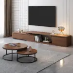 Noctis natural wood TV stand with round coffee tables