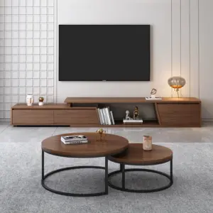 ⁦Noctis natural wood TV stand with round coffee tables⁩ - الصورة ⁦3⁩