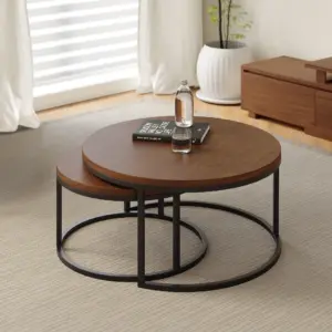 ⁦Noctis natural wood TV stand with round coffee tables⁩ - الصورة ⁦7⁩