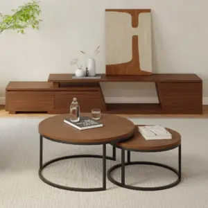 ⁦Noctis natural wood TV stand with round coffee tables⁩ - الصورة ⁦9⁩