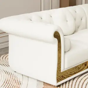 ⁦Valencia sectional sofa upholstered in natural wood with a touch of golden stainless steel, with a side chair and a relaxation unit⁩ - الصورة ⁦11⁩