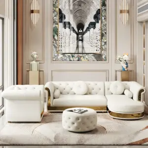 ⁦Valencia sectional sofa upholstered in natural wood with a touch of golden stainless steel, with a side chair and a relaxation unit⁩ - الصورة ⁦3⁩